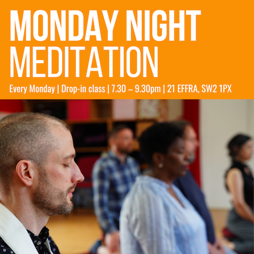 Meditators at the Brixton Buddhist Centre with information about Monday Night Meditation