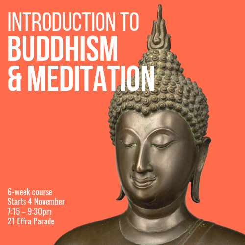 Image of a bronze Buddha head with Introduction to Buddhism and Meditation course information