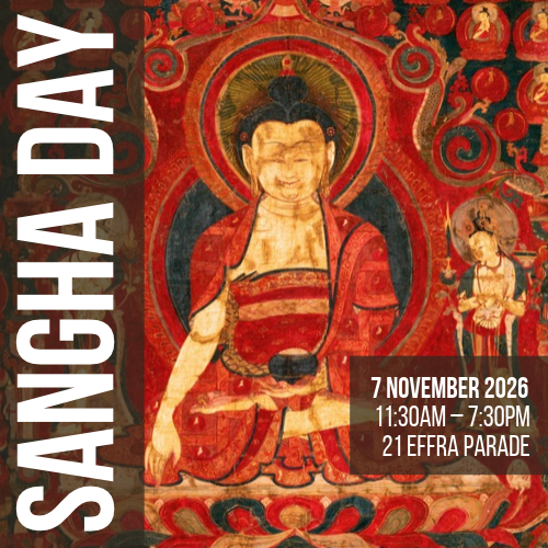 Image of a red Buddha with Sangha Day information on the top of it.